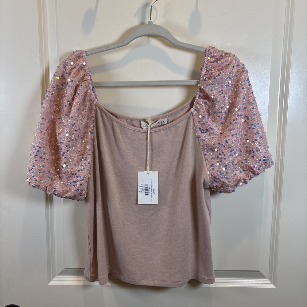 NEW Grace‎ & Emma Boutique Large Pink Knit Shirt Iridescent Sequin Puff Sleeves